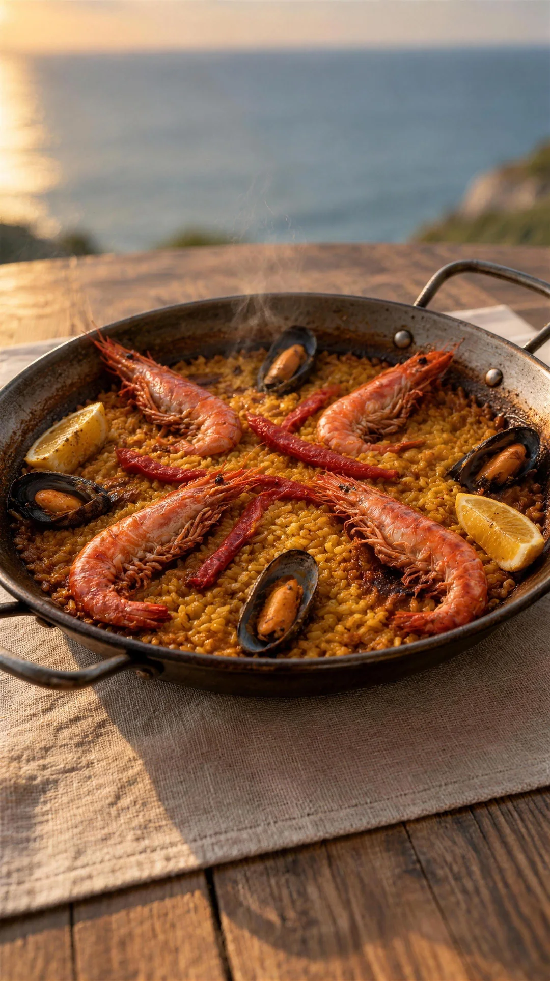 Paellera de acero con arroz dorado de azafrán, cuatro gambas rojas, cuatro mejillones, dos gajos de limón y tiras de pimiento rojo asado, sobre un paño de lino en una mesa de madera, con un hilo de vapor y el mar desenfocado al fondo, con sol bajo.