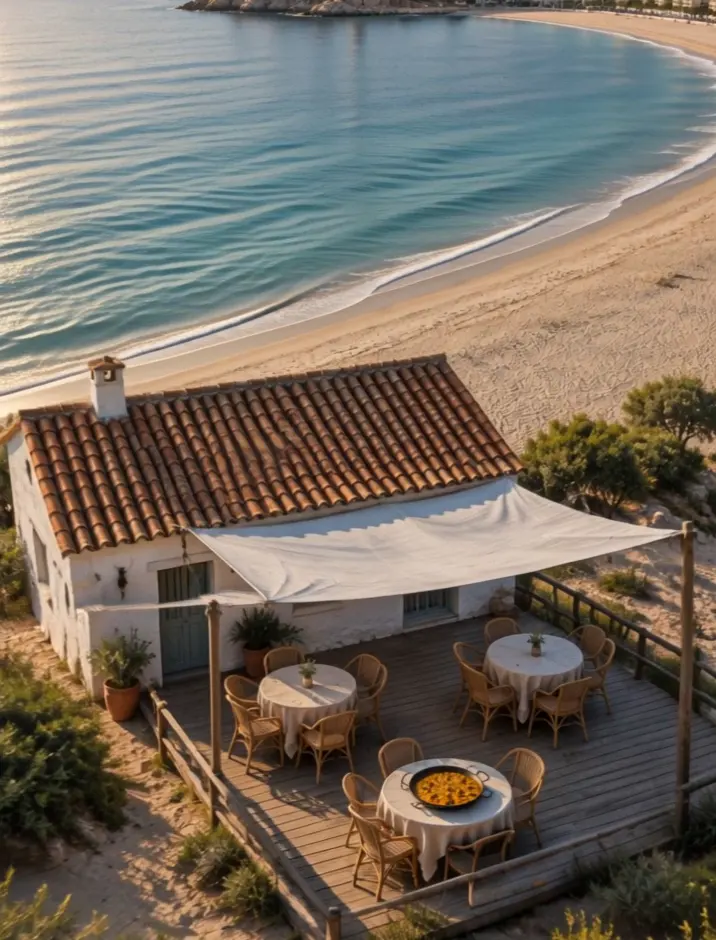 Vista aérea de una casa blanca pequeña con tejado de teja y una terraza de madera bajo un toldo de lino, con tres mesas redondas, al borde de una playa ancha de arena; detrás, una bahía larga con un casco antiguo en un promontorio y torres altas y claras.