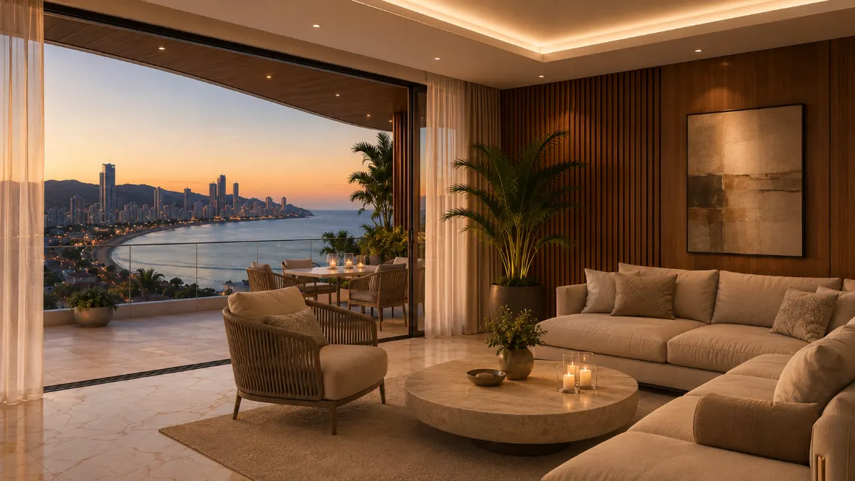 Salón con ventanal al mar en Residencial Poniente 28