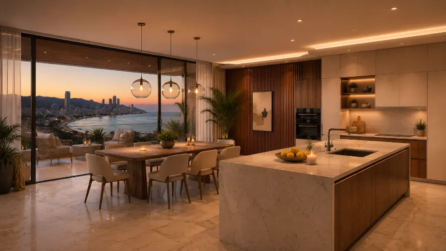 Cocina y comedor con vistas al mar