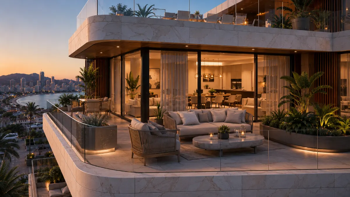 Terraza y piscina de la residencia al atardecer